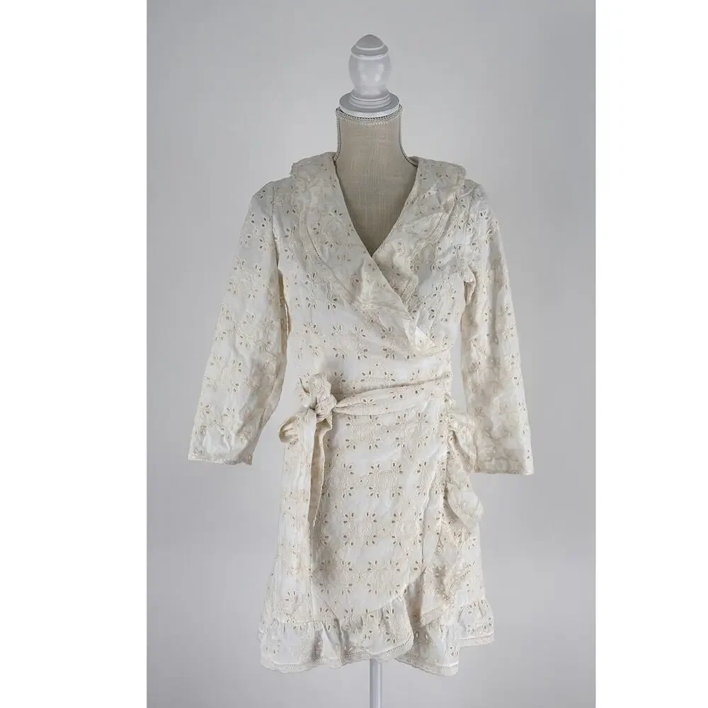 Sezane Robe Asianne Eyelet Mini Wrap Dress Womens Size 2 Ecru Cream New Flawed
